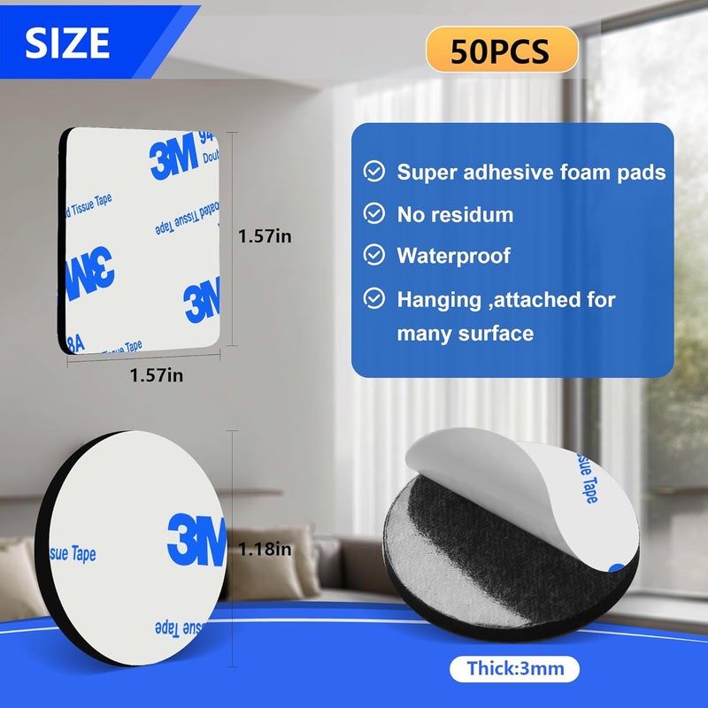 Godmony Double Sided Adhesive Heavy Duty Tape,2 Sided Mounting Tape for Walls, Square (1.57" Across) & Round (1.18" Diameter) Sticky Foam Pads, Waterproof Double-Sided Pads for Hanging in Office - Image 3